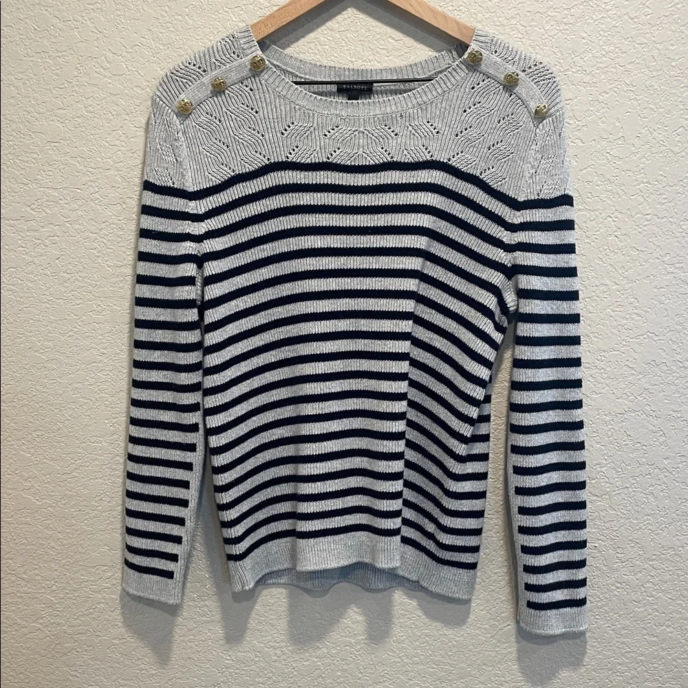 Talbots Nautical Stripe Sweater XL Navy Gray Cotton Knit Coastal Button Shoulder - Picture 2 of 7